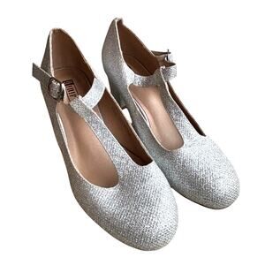 IDIFU silver glittery metallic shoes t-strap Mary Janes mid heel buckles US 7.5